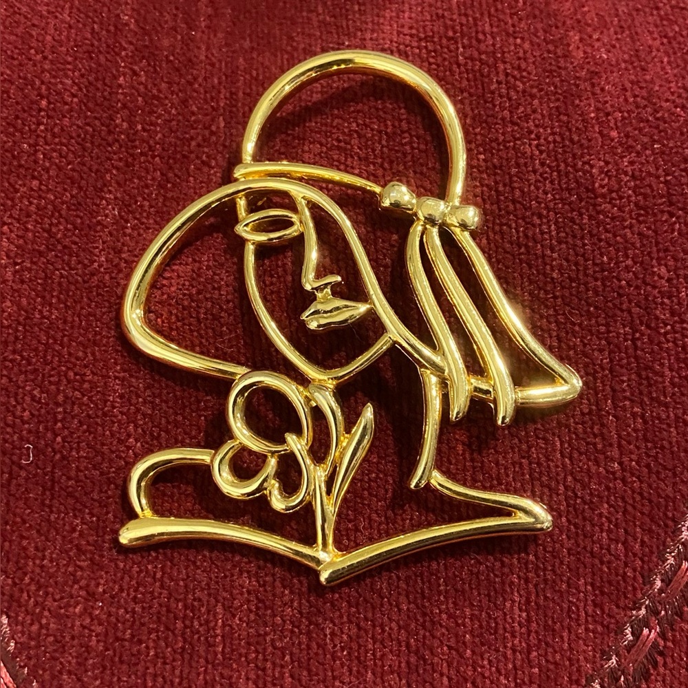 Vintage 1988 JJ Gold Tone Deco Lady in Hat Brooch